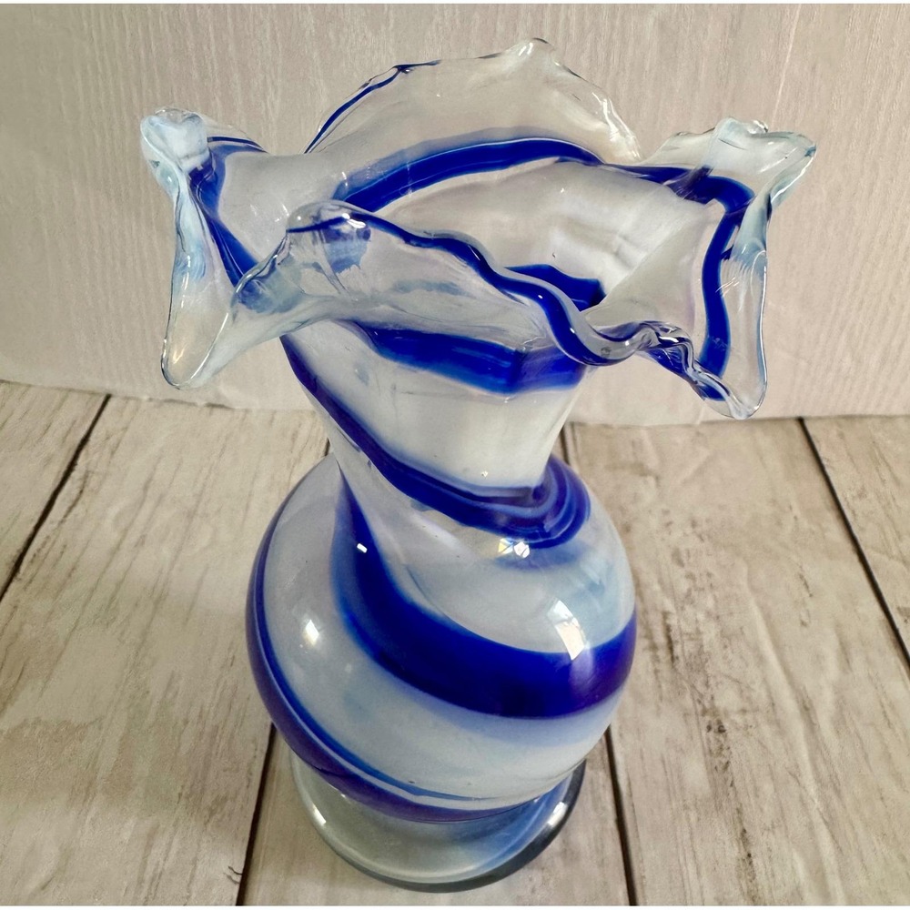 Art Glass Vase Blue White Swirl Ruffled Edge Home Decor Accent Smith's Old Timer - Picture 4 of 6